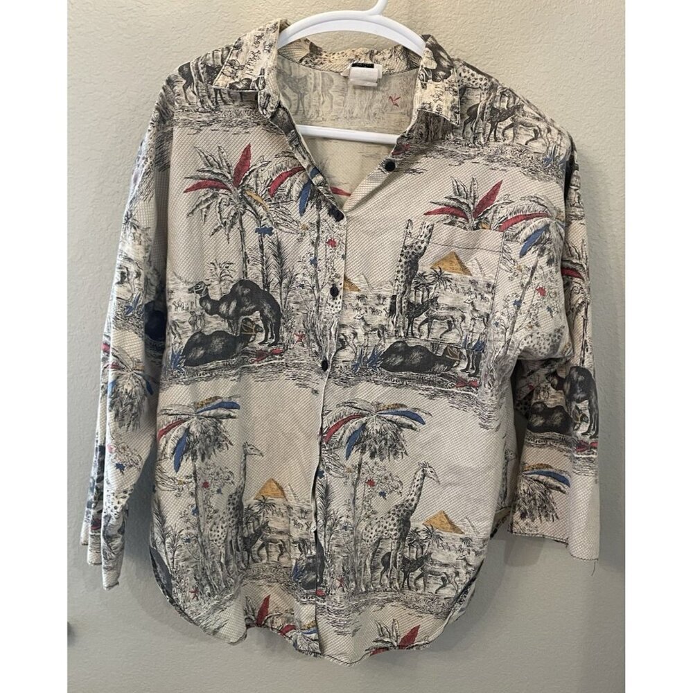 Vintage SOHO Womens Button Shirt Exotic Giraffe Egypt print‎ desert pyramids USA